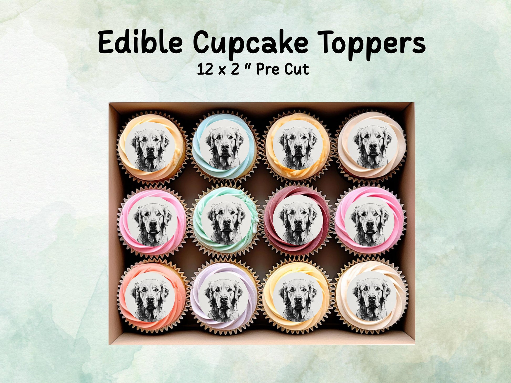 Golden Retriever Edible Cupcake Toppers 12 x 2"– Pre cut Wafer Paper, Card or Icing Sheet