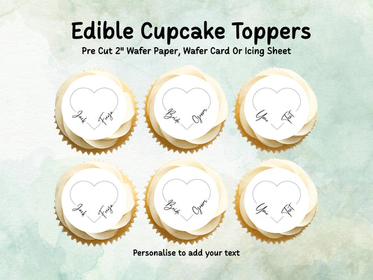 Personalised Heart Edible Cupcake Toppers 12 x 2" Pre cut Wafer Paper, Card or Icing Sheet
