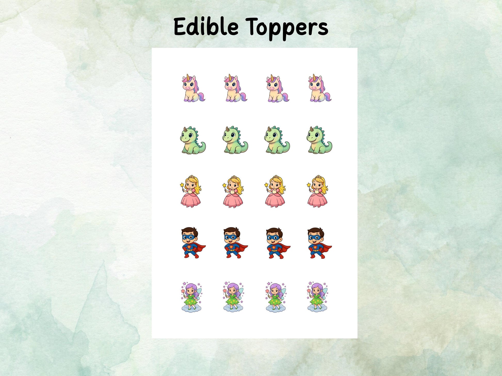 Unicorn, Dinosaur, Princess and Superhero Edible Cake Pop Toppers: 20 x 1.5" Wafer Paper or Wafer Card