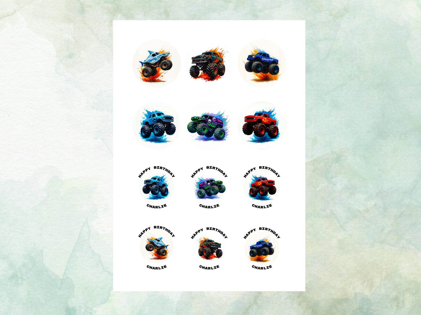 Monster Truck Birthday Edible Cupcake Toppers 12 x 2" – Pre cut Wafer Paper, Card or Icing Sheet, Personalised Birthday Cake Decoration