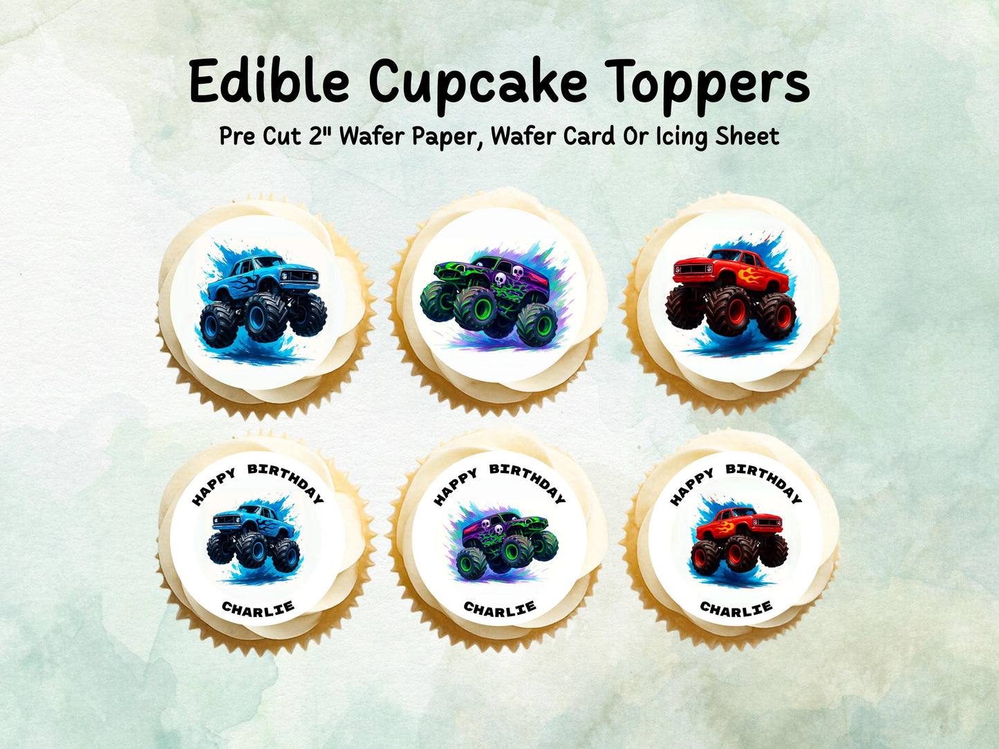 Monster Truck Birthday Edible Cupcake Toppers 12 x 2" – Pre cut Wafer Paper, Card or Icing Sheet, Personalised Birthday Cake Decoration