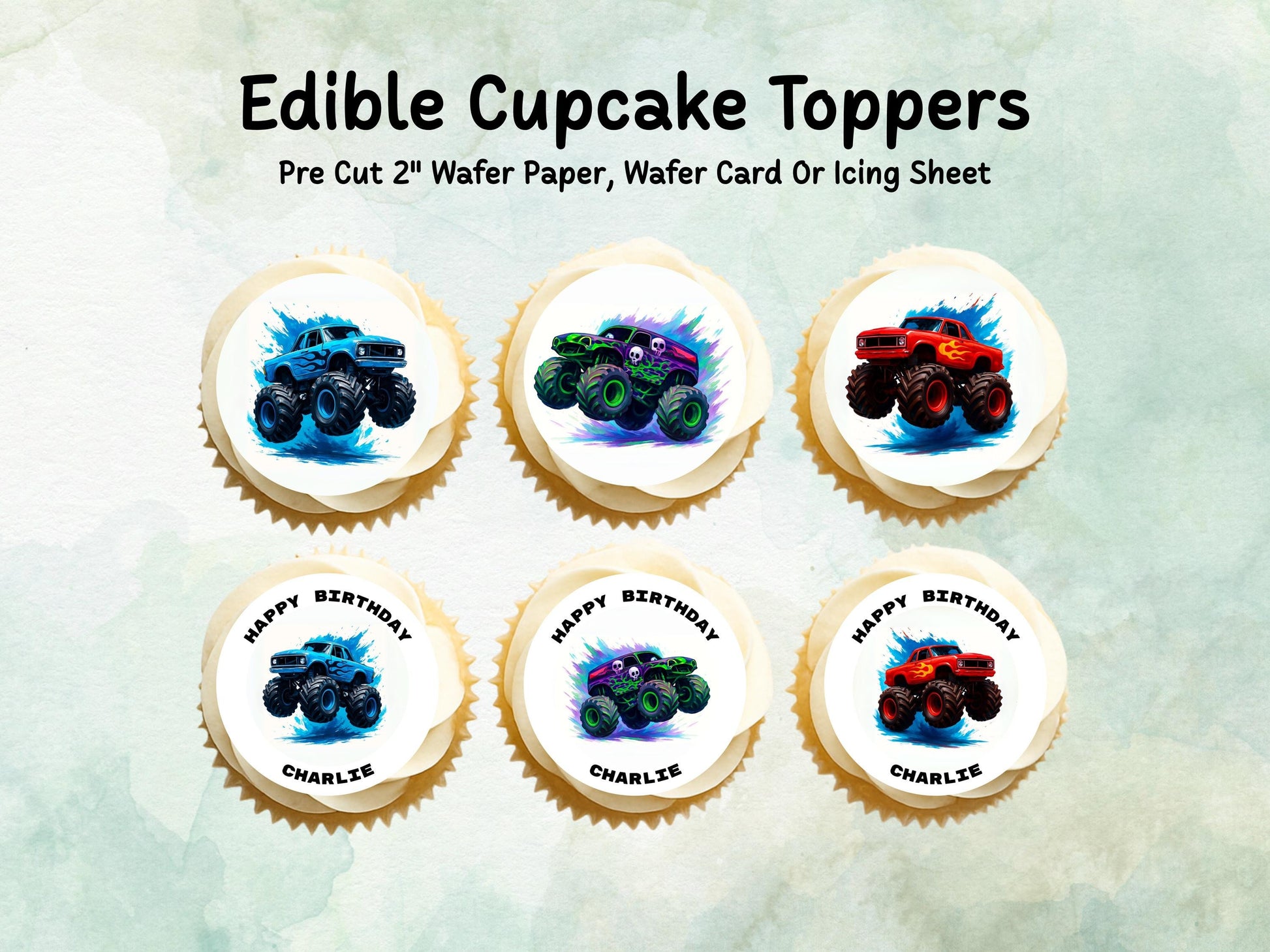 Monster Truck Birthday Edible Cupcake Toppers 12 x 2" – Pre cut Wafer Paper, Card or Icing Sheet, Personalised Birthday Cake Decoration