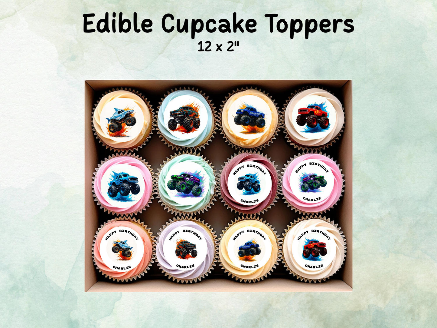 Monster Truck Birthday Edible Cupcake Toppers 12 x 2" – Pre cut Wafer Paper, Card or Icing Sheet, Personalised Birthday Cake Decoration