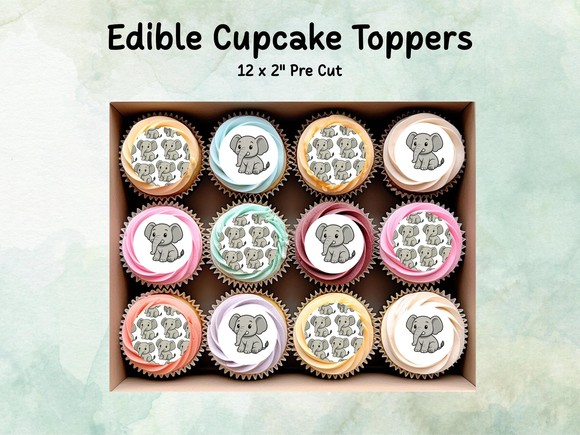 Elephant Edible Cupcake Toppers: 12 x 2" Wafer Paper, Card, or Icing sheet