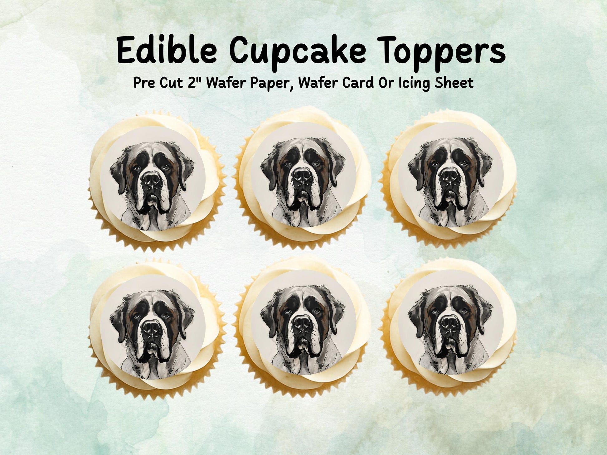 St Bernard Edible Cupcake Toppers - Pre Cut 12 x 2" Wafer Paper, Card or Icing Sheet
