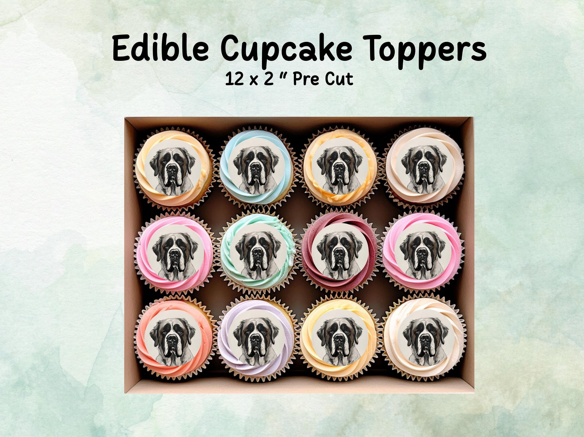St Bernard Edible Cupcake Toppers - Pre Cut 12 x 2" Wafer Paper, Card or Icing Sheet