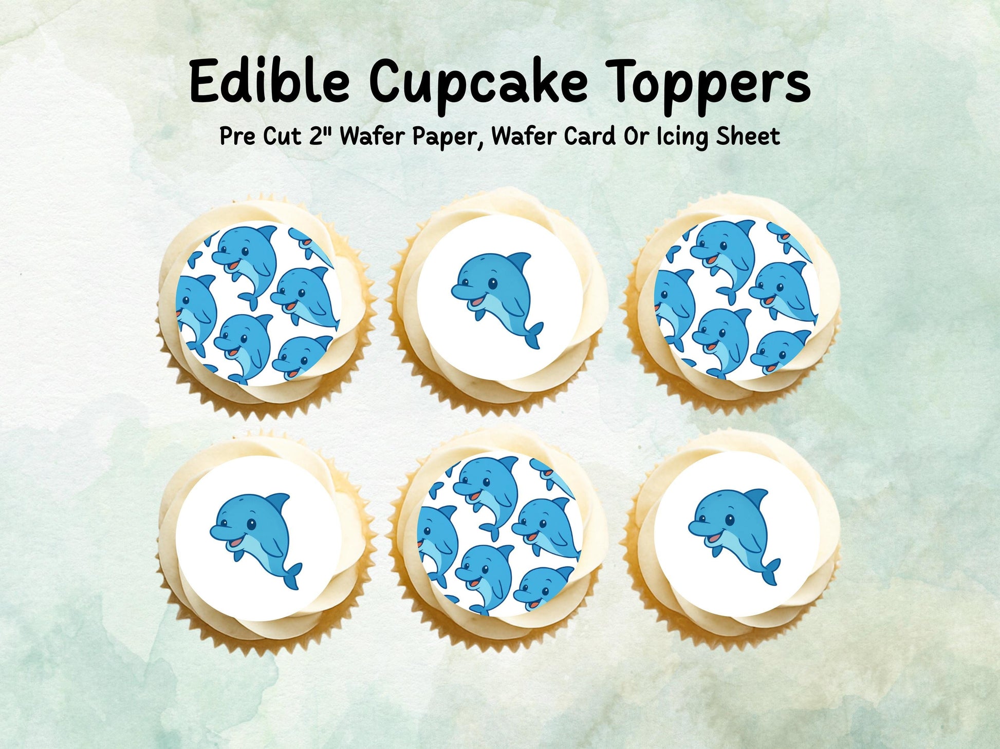 Cute Dolphin Edible Cupcake Toppers 12 x 2"– Pre cut Wafer Paper, Card or Icing Sheet, Dolphin Birthday Cake Topper
