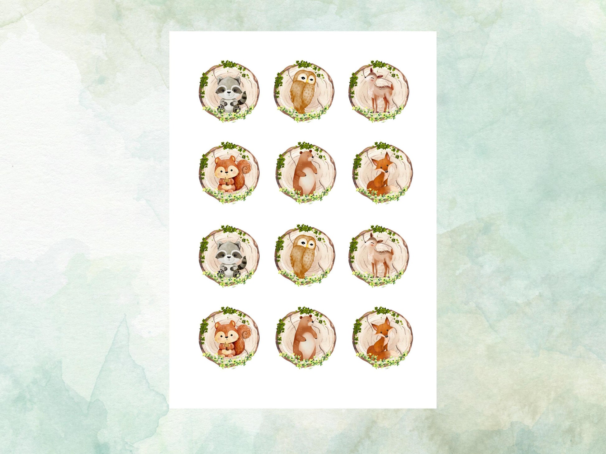 Cute Forest Animal Edible Cupcake Toppers 12 x 2" Pre cut Wafer Paper, Card or Icing Sheet, Birthday Cake Decoration