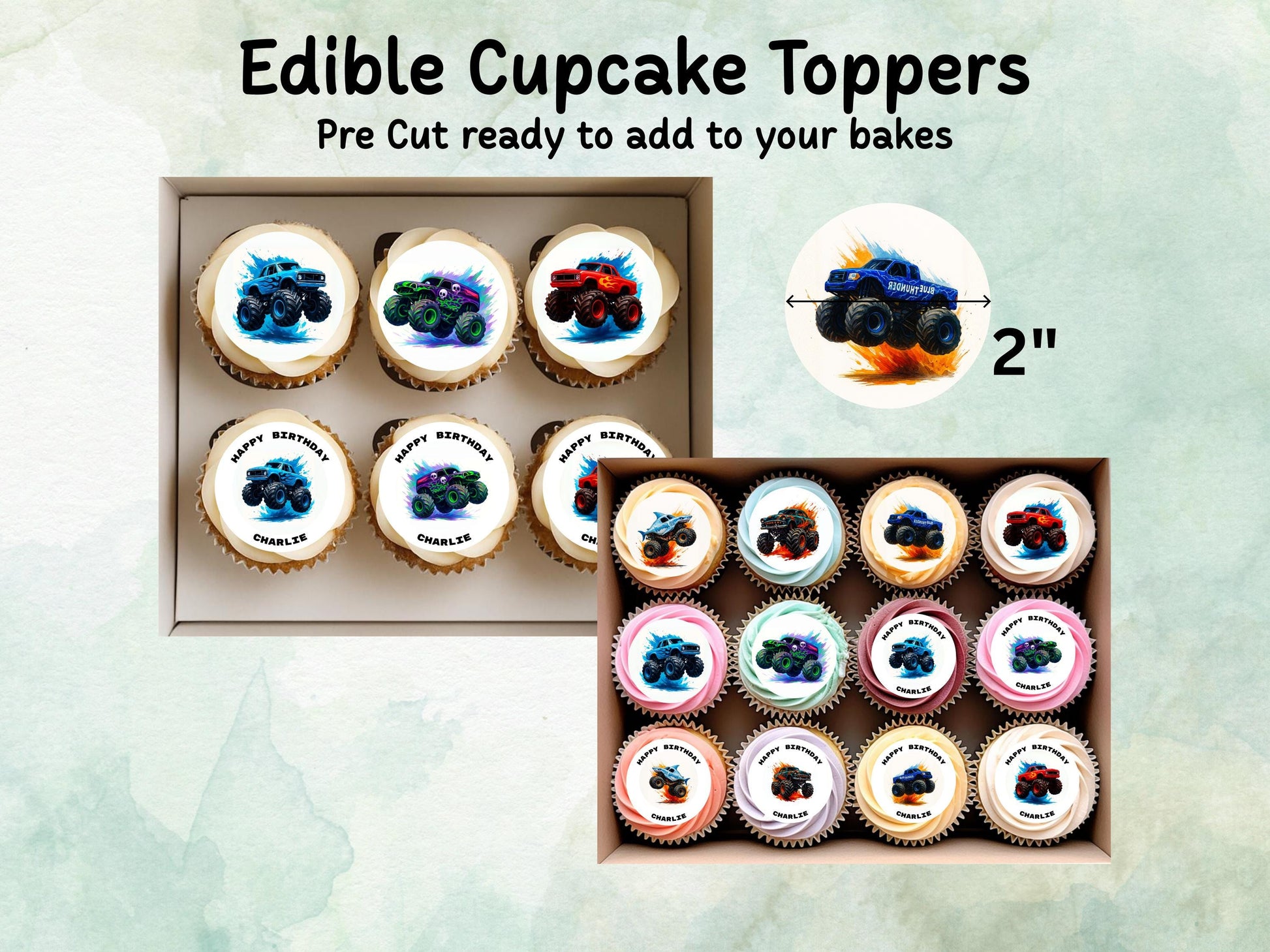 Monster Truck Birthday Edible Cupcake Toppers 12 x 2" – Pre cut Wafer Paper, Card or Icing Sheet, Personalised Birthday Cake Decoration