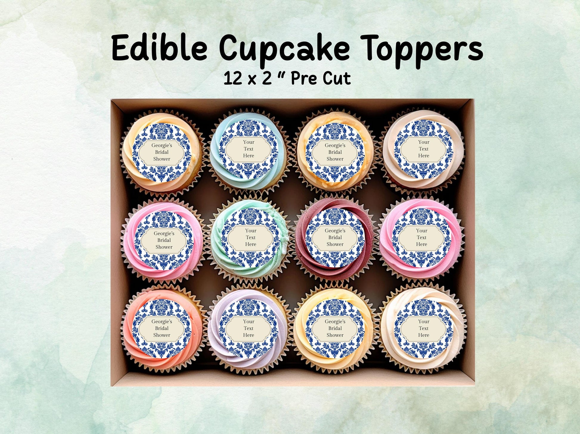 Personalised Edible Cupcake Toppers 12 x 2" – Pre cut Wafer Paper, Card or Icing Sheet, Bridal Shower Cake Topper, Wedding Favors