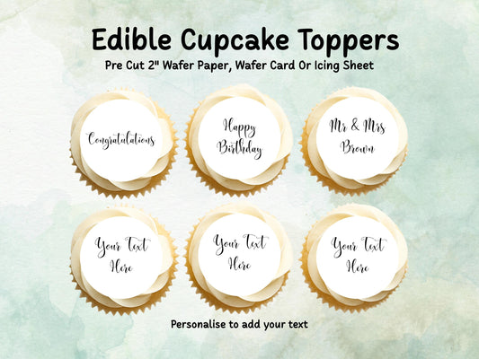 Personalised Edible Cupcake Toppers 12 x 2" – Pre cut Wafer Paper, Card or Icing Sheet
