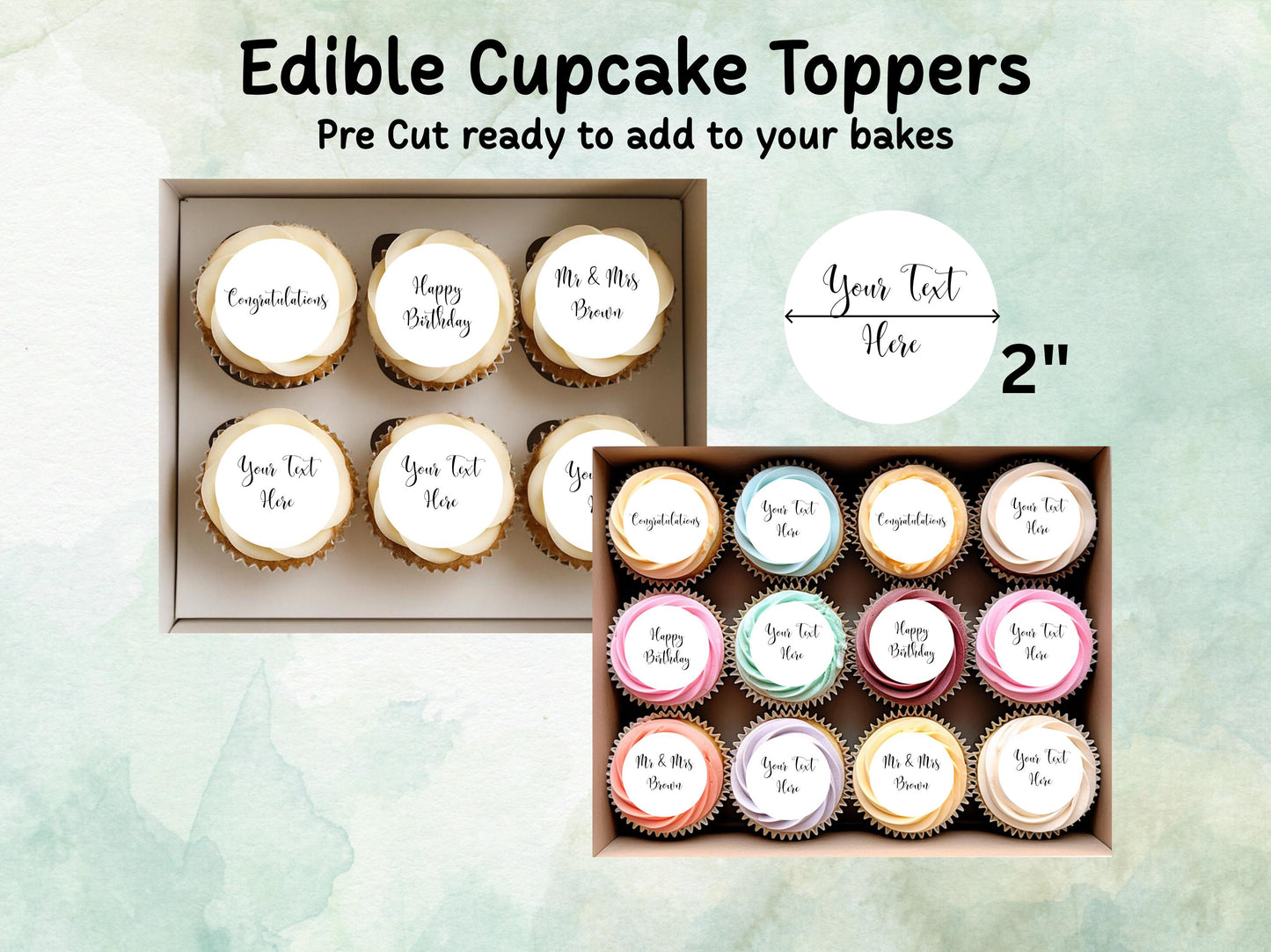 Personalised Edible Cupcake Toppers 12 x 2" – Pre cut Wafer Paper, Card or Icing Sheet