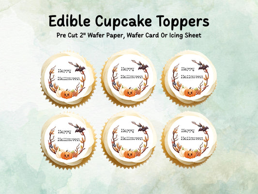 Pumpkin Happy Halloween Edible Cupcake Toppers 12 x 2" – Pre cut Wafer Paper, Card or Icing Sheet, Halloween Party Decoration