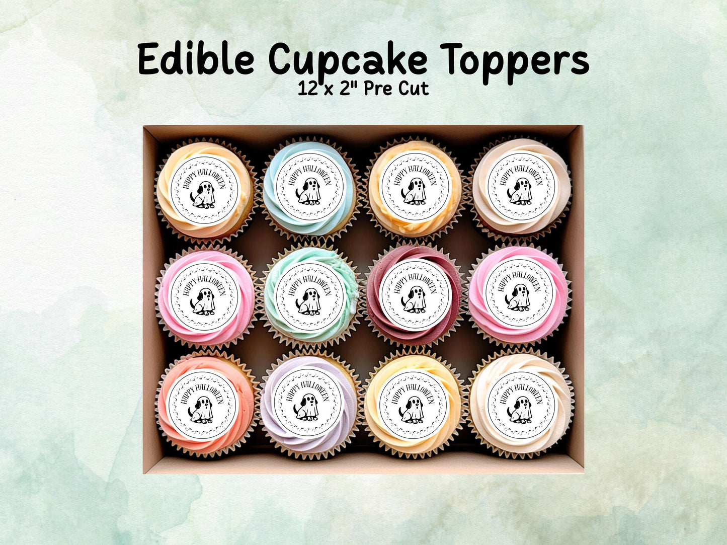 Ghost Dog Halloween Edible Cupcake Toppers 12 x 2" – Pre cut Wafer Paper, Card or Icing Sheet, Halloween Party Decoration