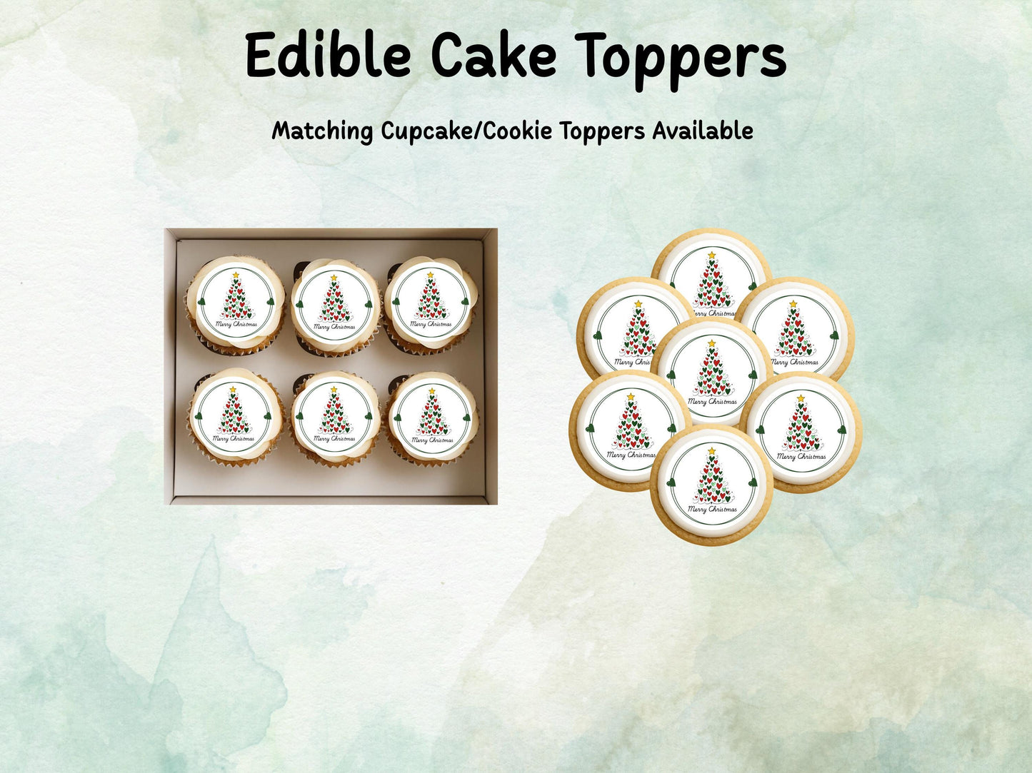 Merry Christmas Tree Edible Cake Topper: 6", 7" & 8". Pre Cut Wafer Paper, Card, or Icing Sheet