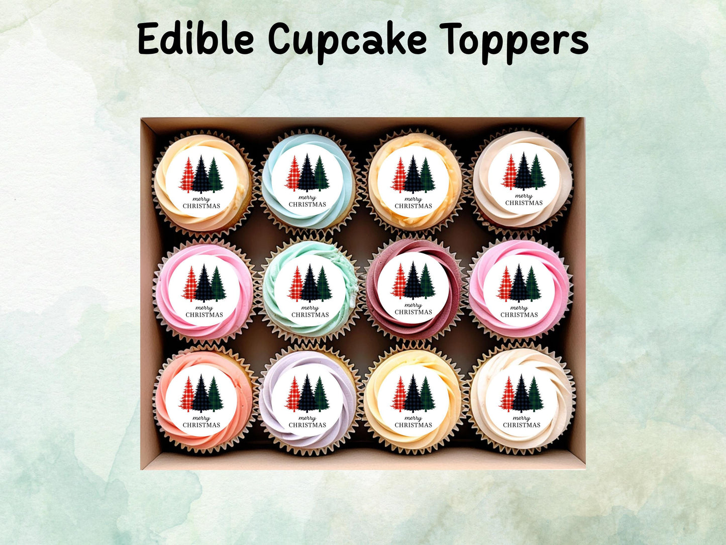 Merry Christmas Edible Cupcake Toppers: 12 x 2" Wafer Paper, Card, or Icing Sheet