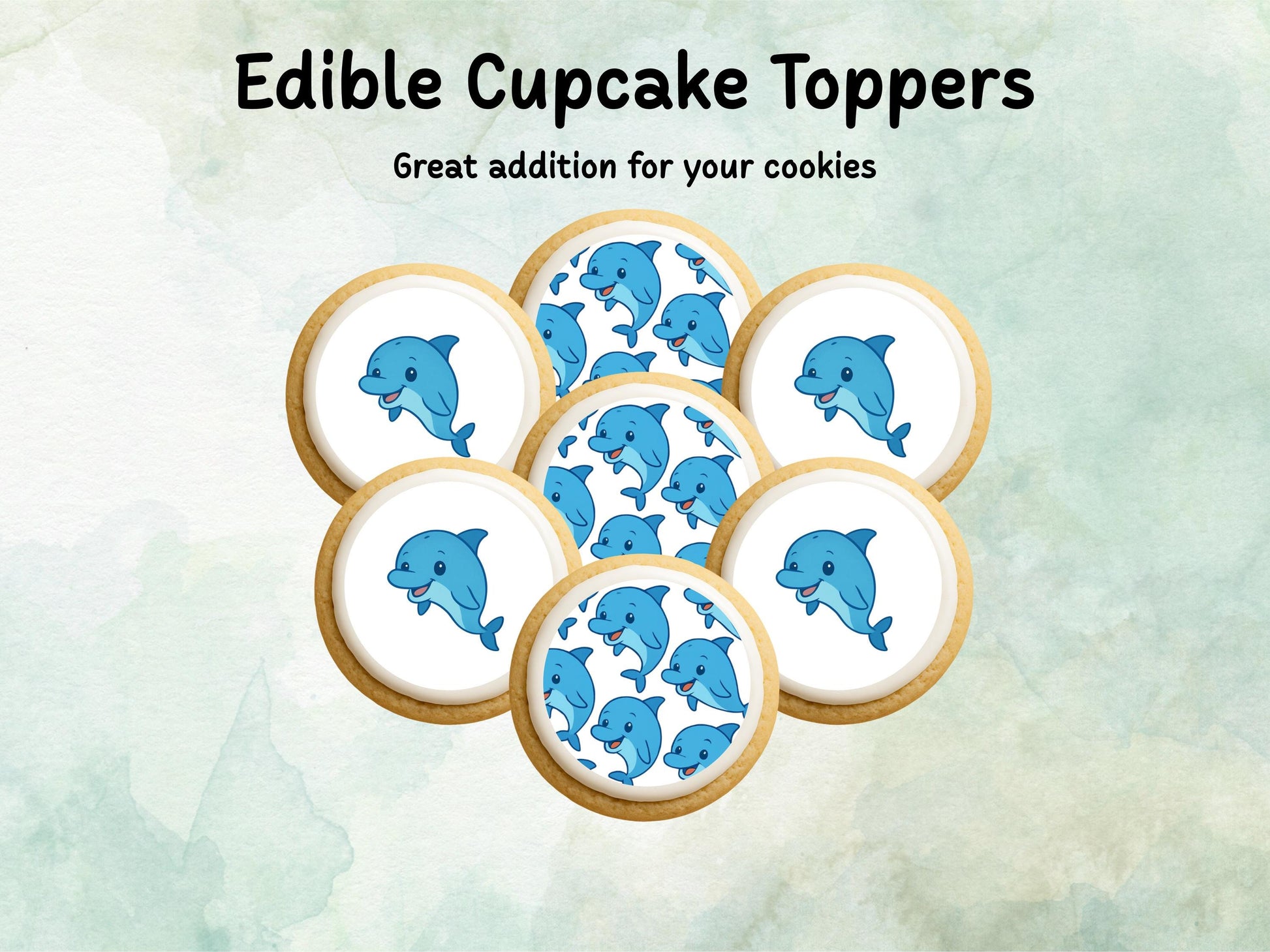 Cute Dolphin Edible Cupcake Toppers 12 x 2"– Pre cut Wafer Paper, Card or Icing Sheet, Dolphin Birthday Cake Topper