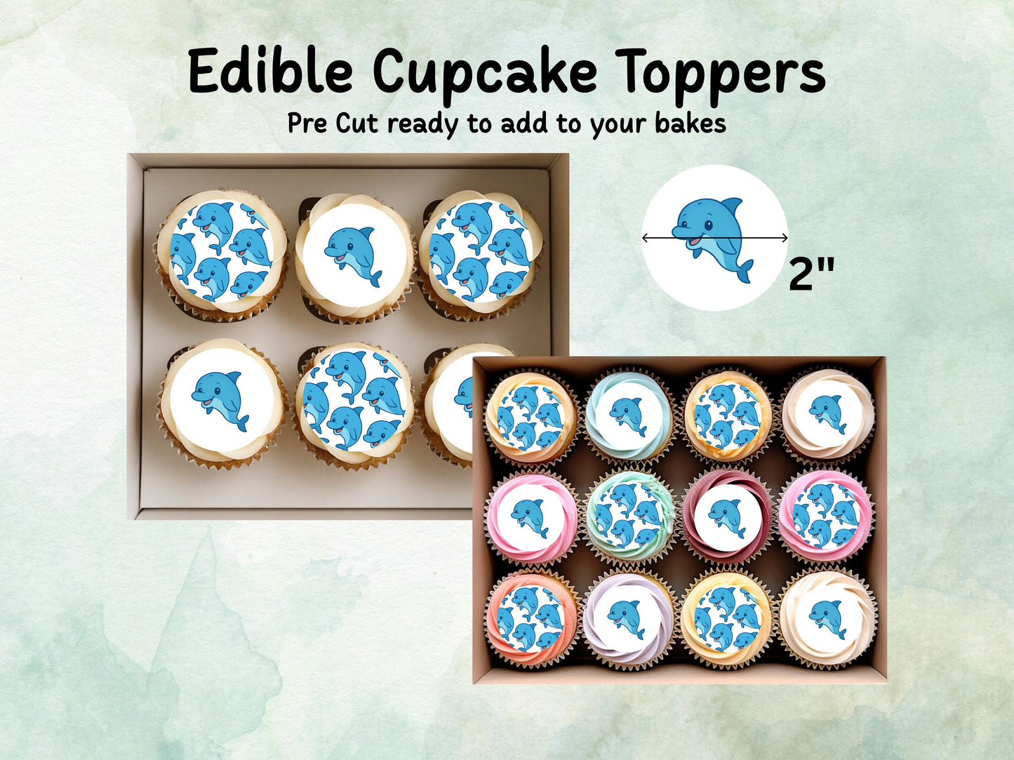 Cute Dolphin Edible Cupcake Toppers 12 x 2"– Pre cut Wafer Paper, Card or Icing Sheet, Dolphin Birthday Cake Topper
