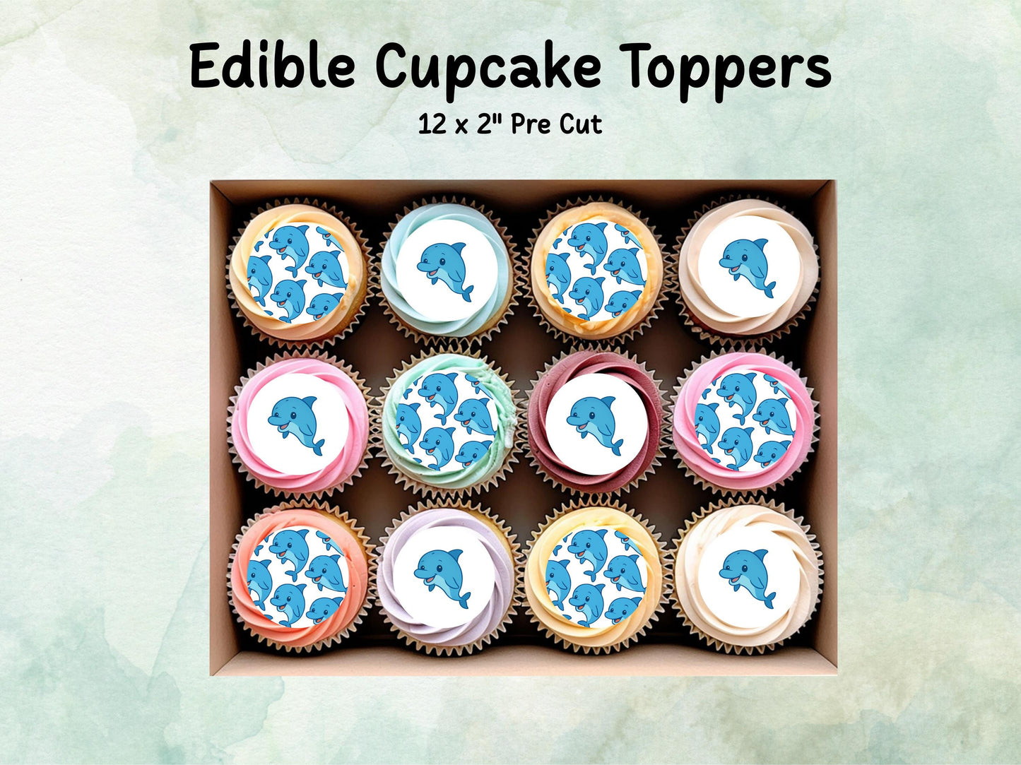 Cute Dolphin Edible Cupcake Toppers 12 x 2"– Pre cut Wafer Paper, Card or Icing Sheet, Dolphin Birthday Cake Topper