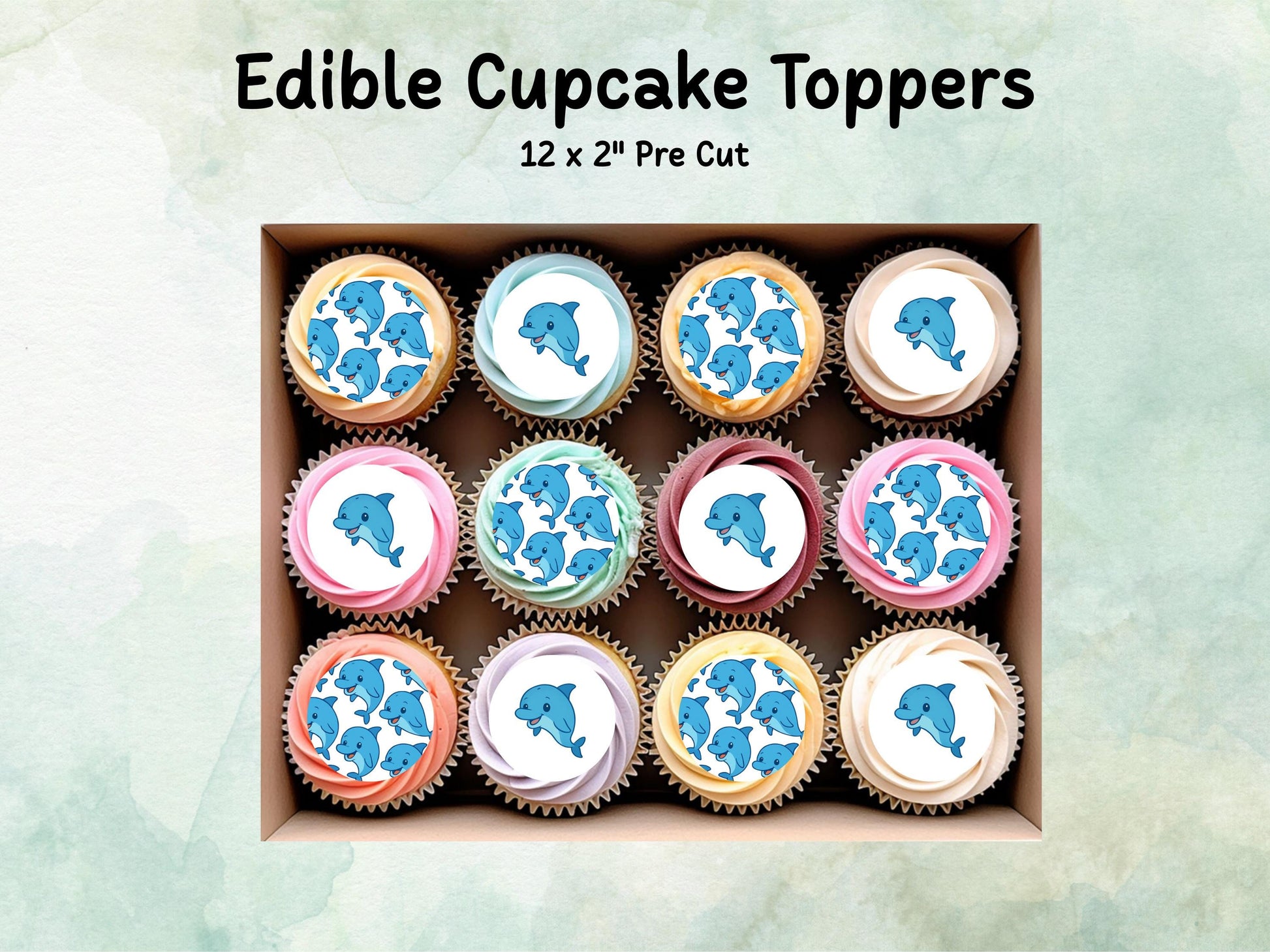 Cute Dolphin Edible Cupcake Toppers 12 x 2"– Pre cut Wafer Paper, Card or Icing Sheet, Dolphin Birthday Cake Topper