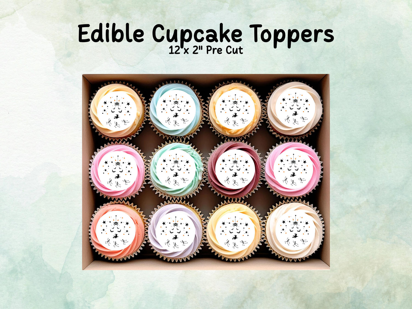 Spooky Halloween Edible Cupcake Toppers 12 x 2" – Pre cut Wafer Paper, Card or Icing Sheet, Halloween Party Decoration