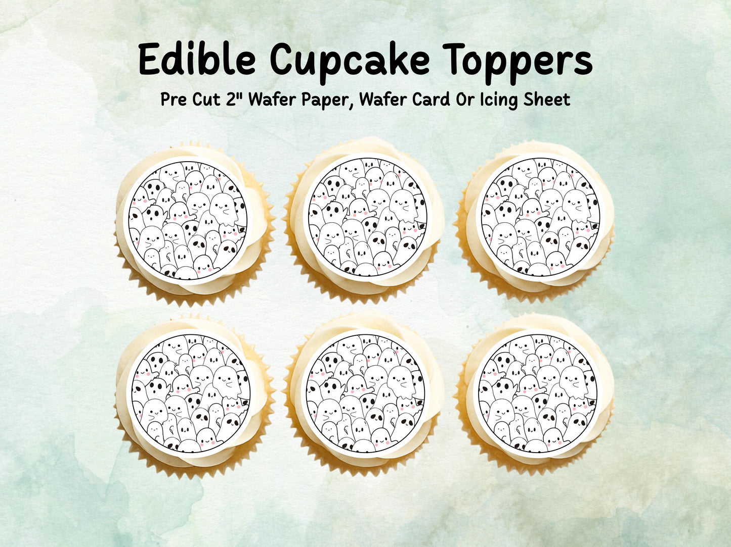 Halloween Ghost Edible Cupcake Toppers 12 x 2" – Pre cut Wafer Paper, Card or Icing Sheet, Halloween Party Decoration
