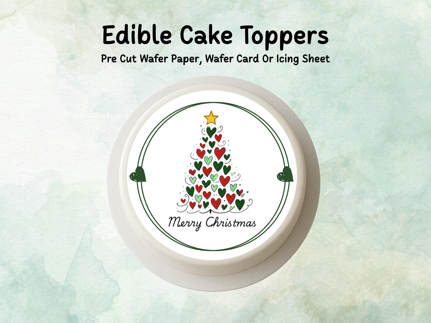 Merry Christmas Tree Edible Cake Topper: 6", 7" & 8". Pre Cut Wafer Paper, Card, or Icing Sheet