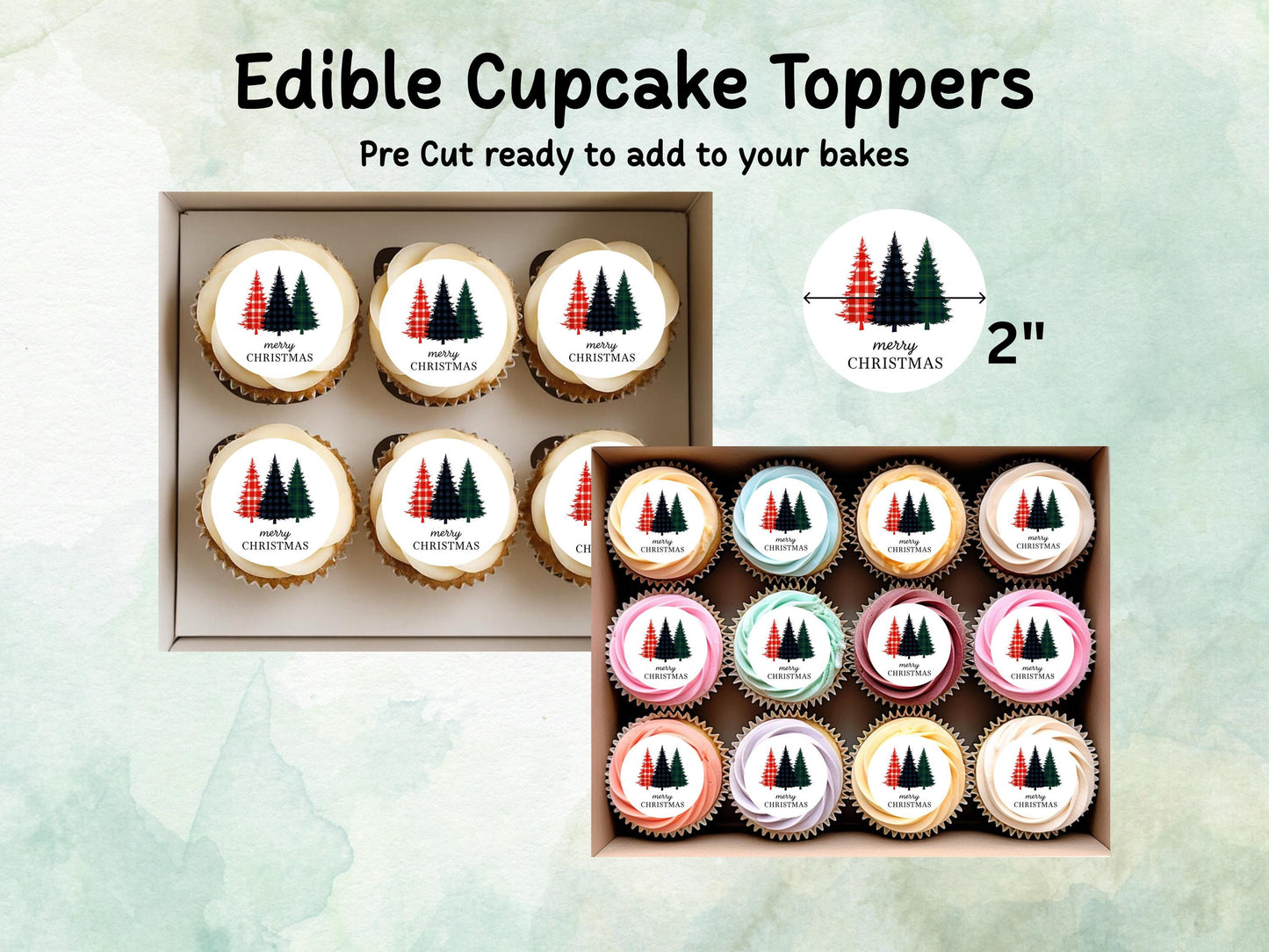 Merry Christmas Edible Cupcake Toppers: 12 x 2" Wafer Paper, Card, or Icing Sheet