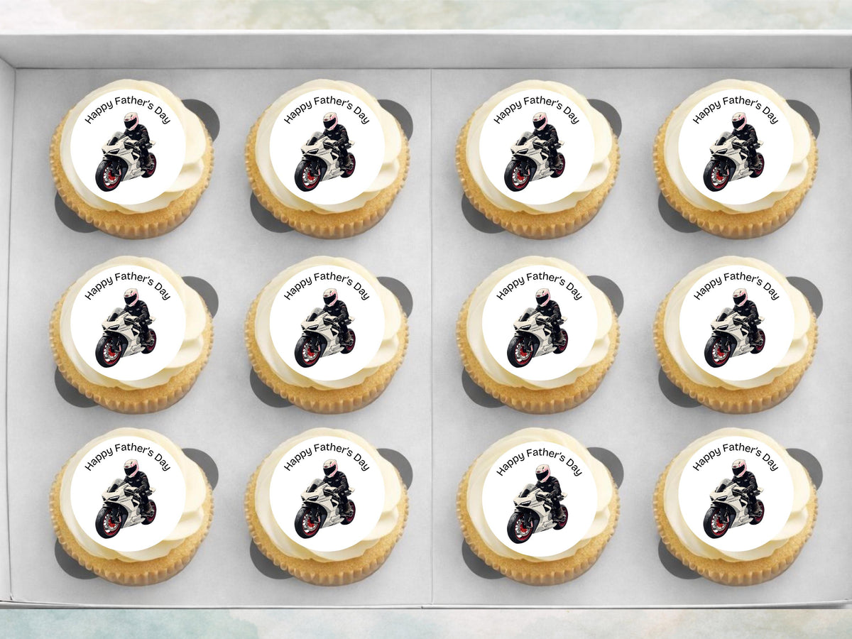 Happy Father's Day Edible Cupcake Toppers – Motorcycle Design (12x 2")