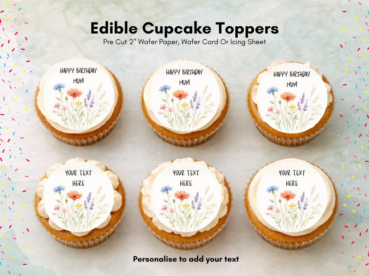 Personalised Happy Birthday Edible Cupcake Toppers - Floral Cake Decorations (12 x 2" Pre-Cut)