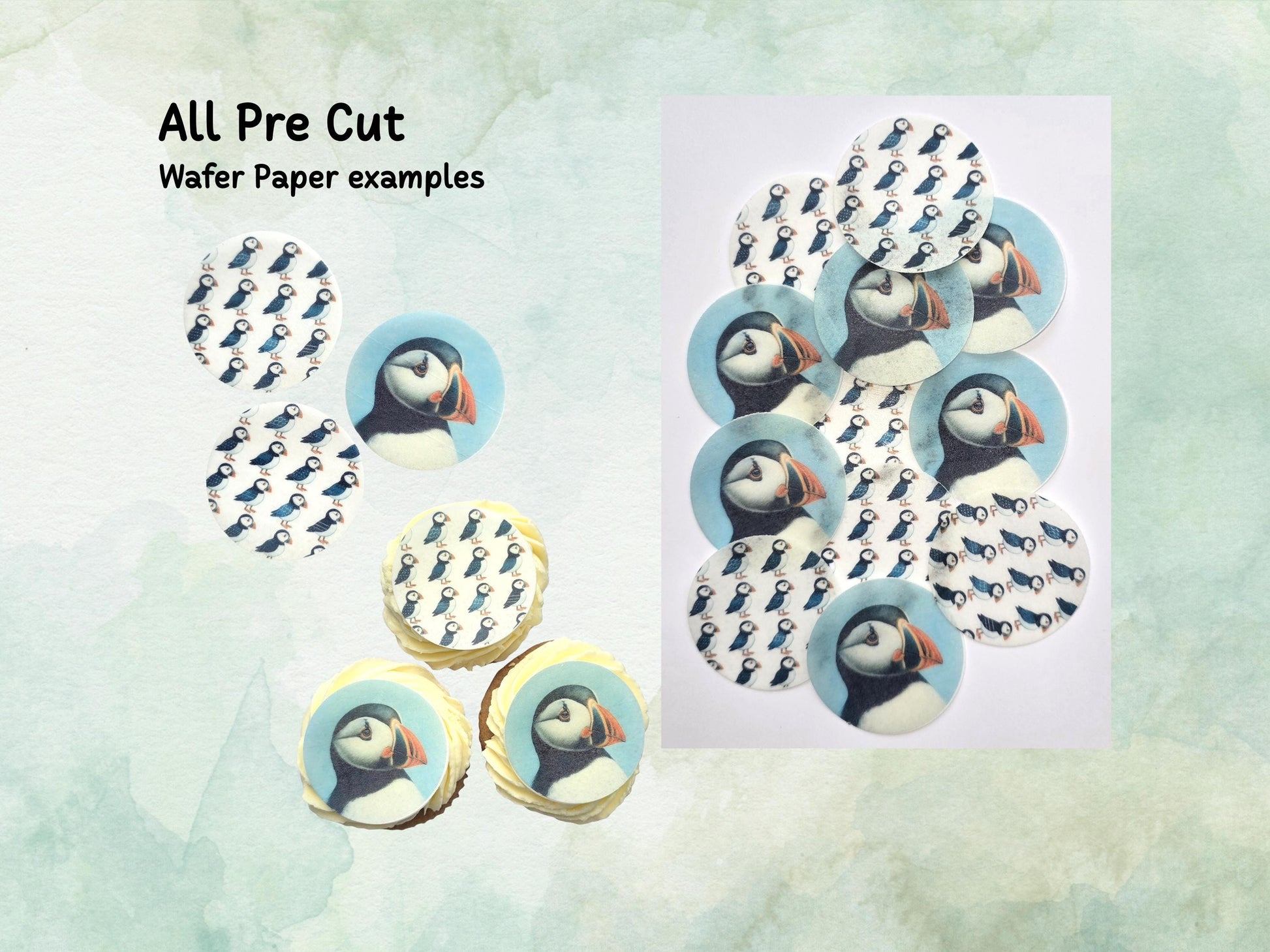 Puffin Edible Cupcake Toppers 12 x 2"– Pre cut Wafer Paper, Card or Icing Sheet, Puffin Cake Decoration, Seaside Toppers