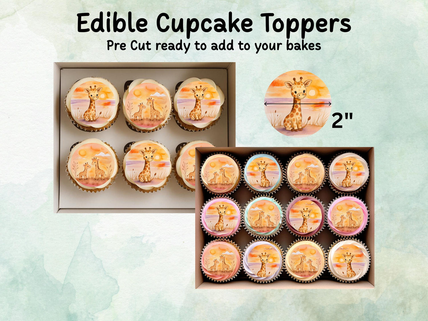 Cute Giraffe Edible Cupcake Toppers 12 x 2"– Pre cut Wafer Paper, Card or Icing Sheet, Giraffe Cake Decoration