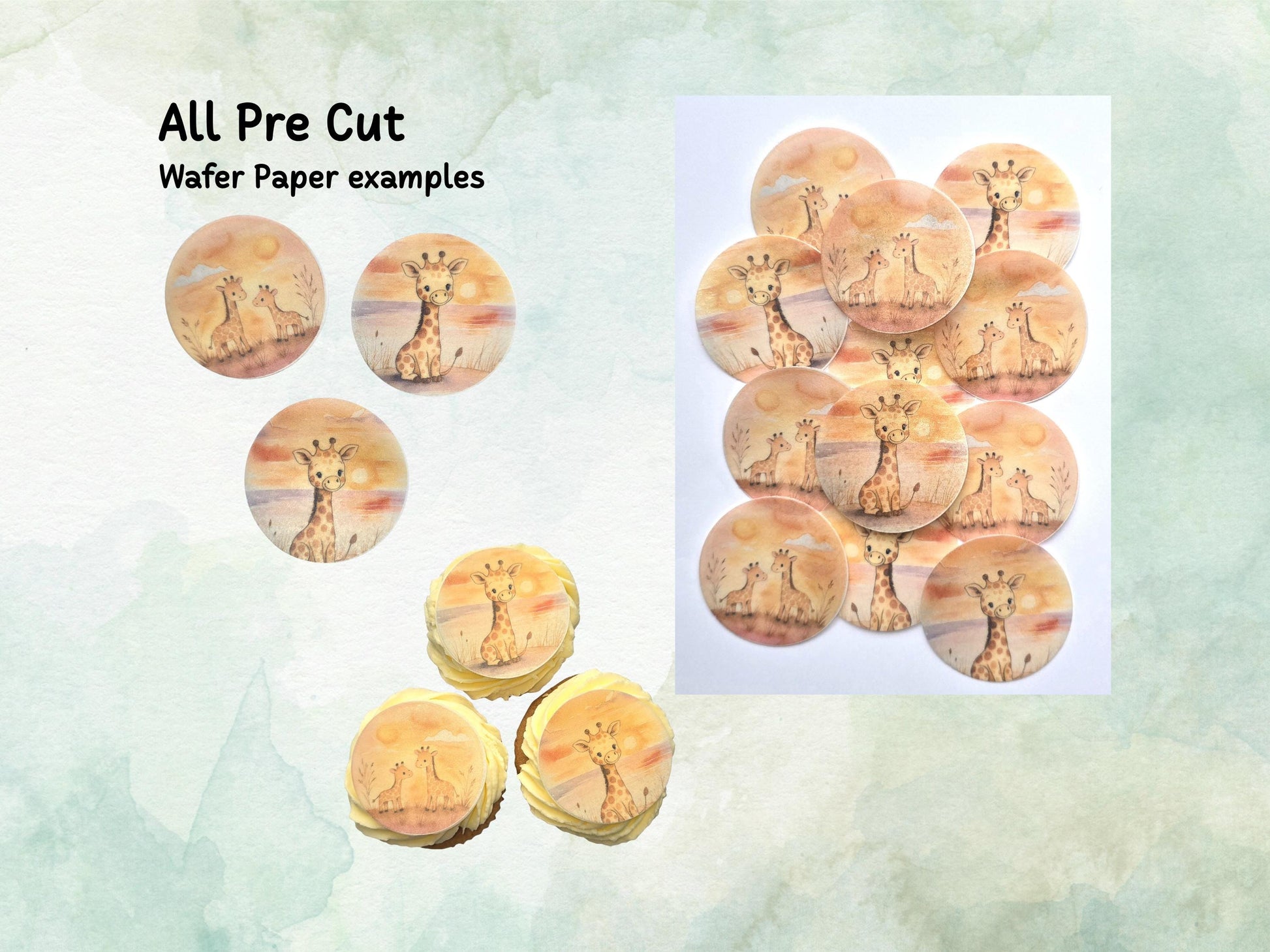 Cute Giraffe Edible Cupcake Toppers 12 x 2"– Pre cut Wafer Paper, Card or Icing Sheet, Giraffe Cake Decoration