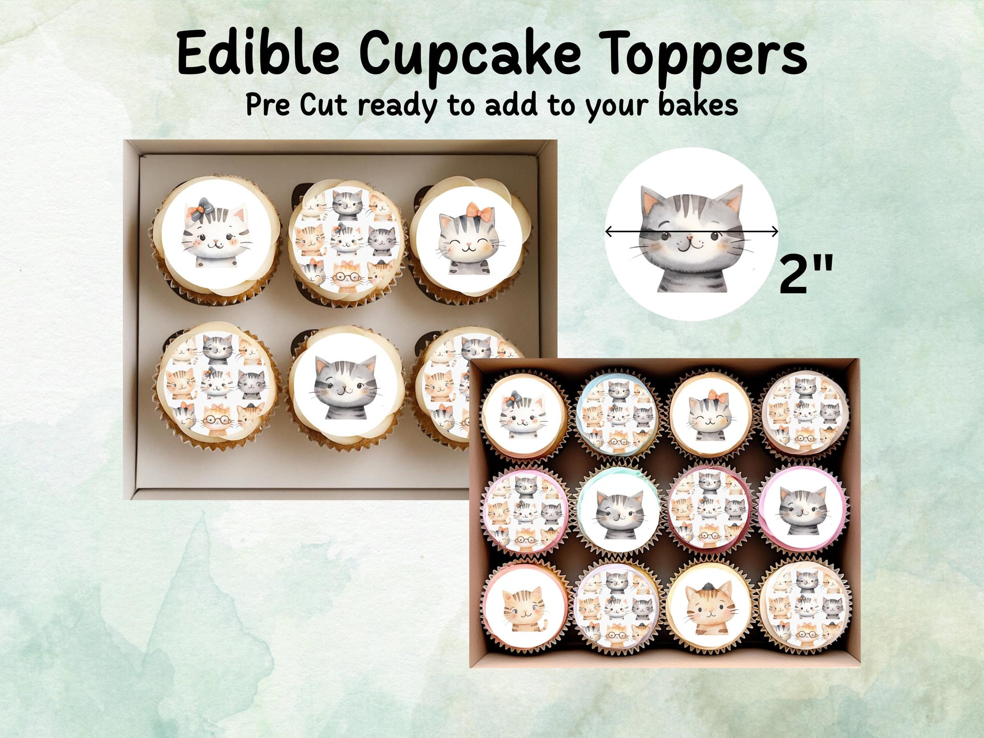 Cute Kitten Edible Cupcake Toppers 12 x 2"– Pre cut Wafer Paper, Card or Icing Sheet, Cat Birthday Cake Decoration
