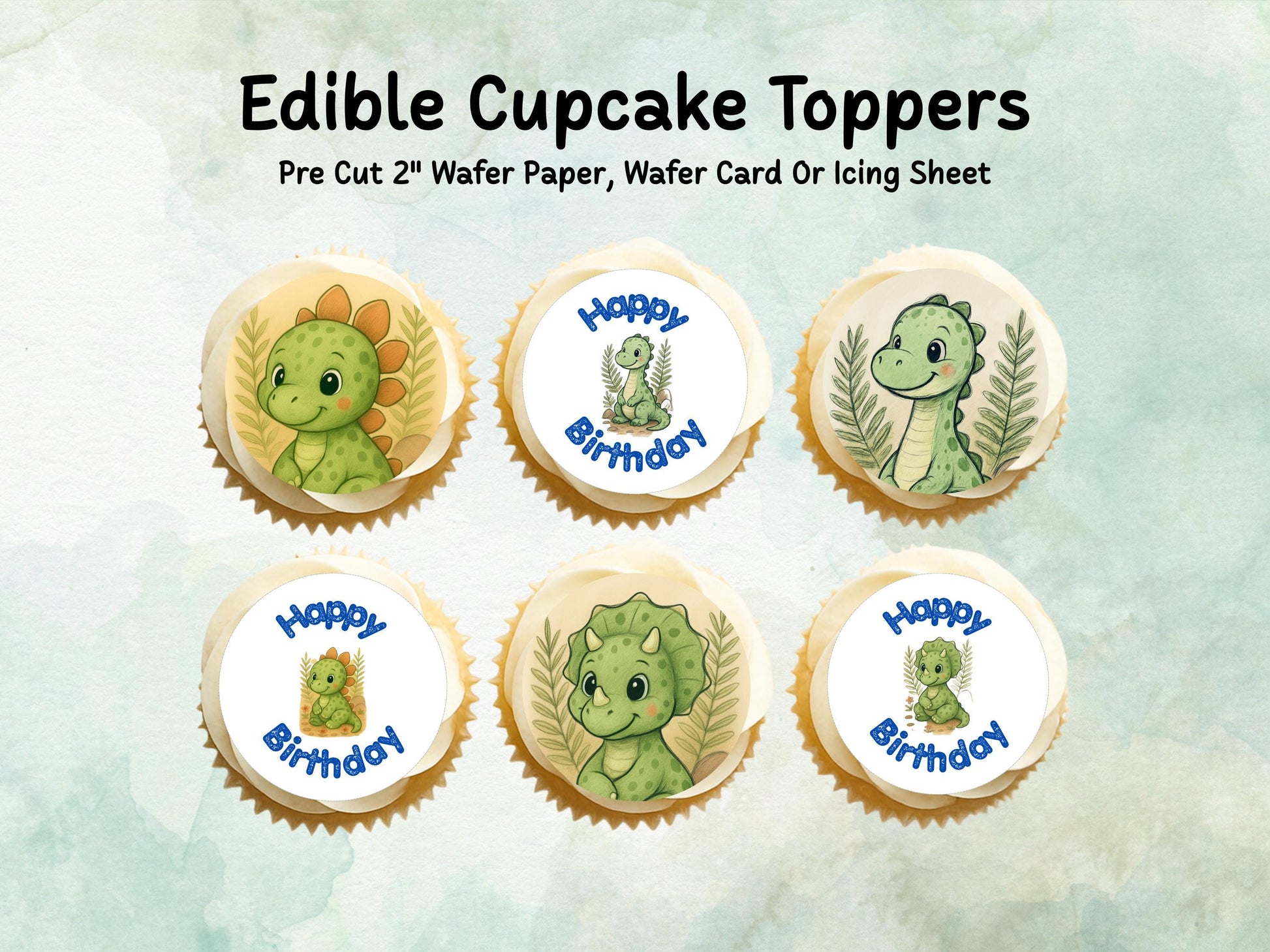 Dinosaur Edible Cupcake Toppers 12 x 2" – Pre cut Wafer Paper, Card or Icing Sheet, Cupcakes, Cookies, Cake, Birthday, Cute Dinosaur