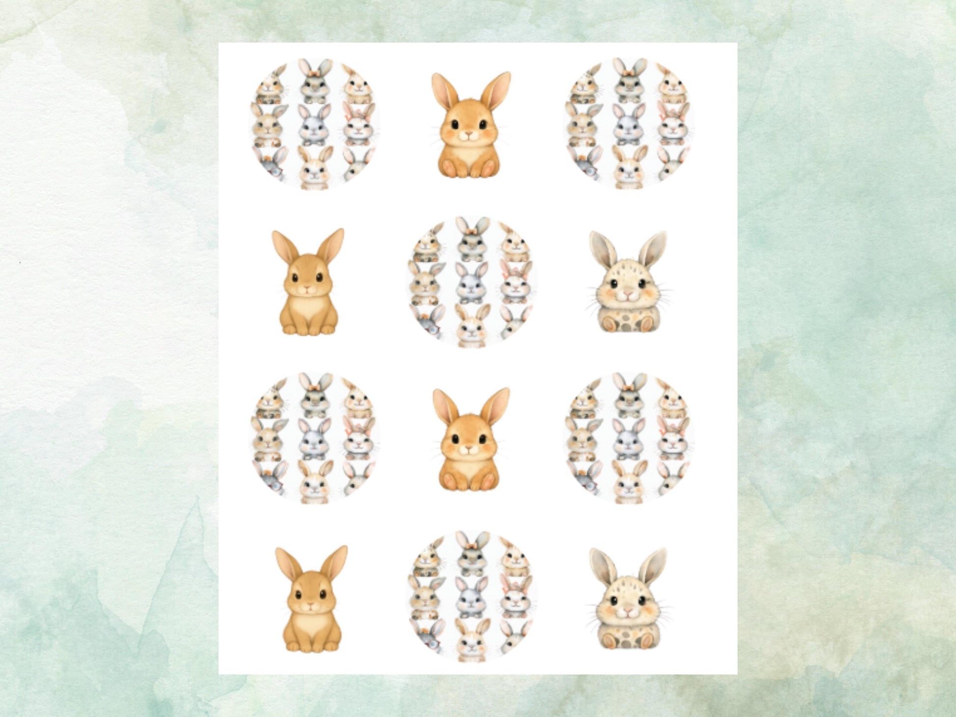 Cute Bunny Edible Cupcake Toppers 12 x 2"– Pre cut Wafer Paper, Card or Icing Sheet, Birthday, Cupcakes, Cookies, Cake, Rabbit Decoration