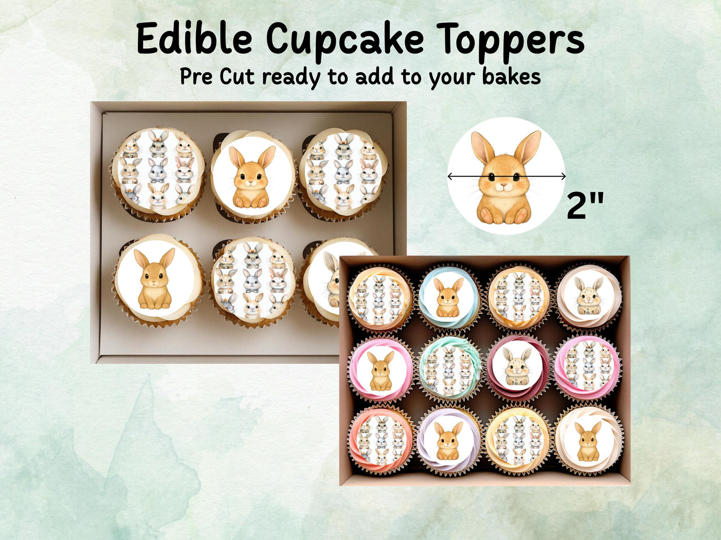 Cute Bunny Edible Cupcake Toppers 12 x 2"– Pre cut Wafer Paper, Card or Icing Sheet, Birthday, Cupcakes, Cookies, Cake, Rabbit Decoration