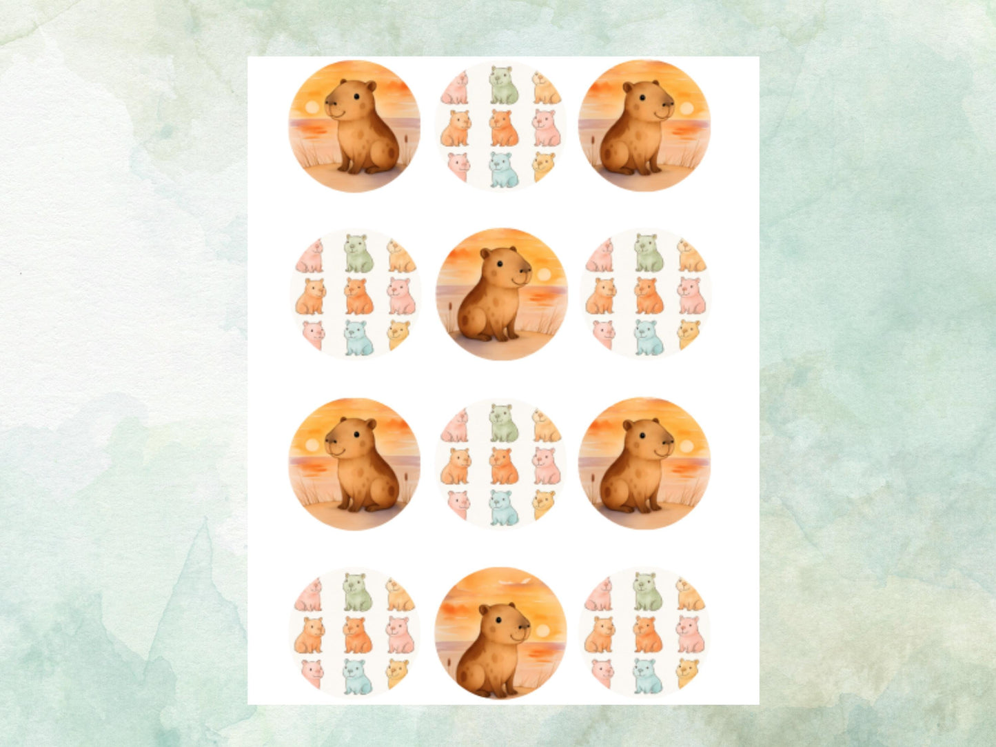 Cute Capybara Edible Cupcake Toppers 12 x 2"– Pre cut Wafer Paper, Card or Icing Sheet, Birthday, Cookies, Cake, Capybara Decorations