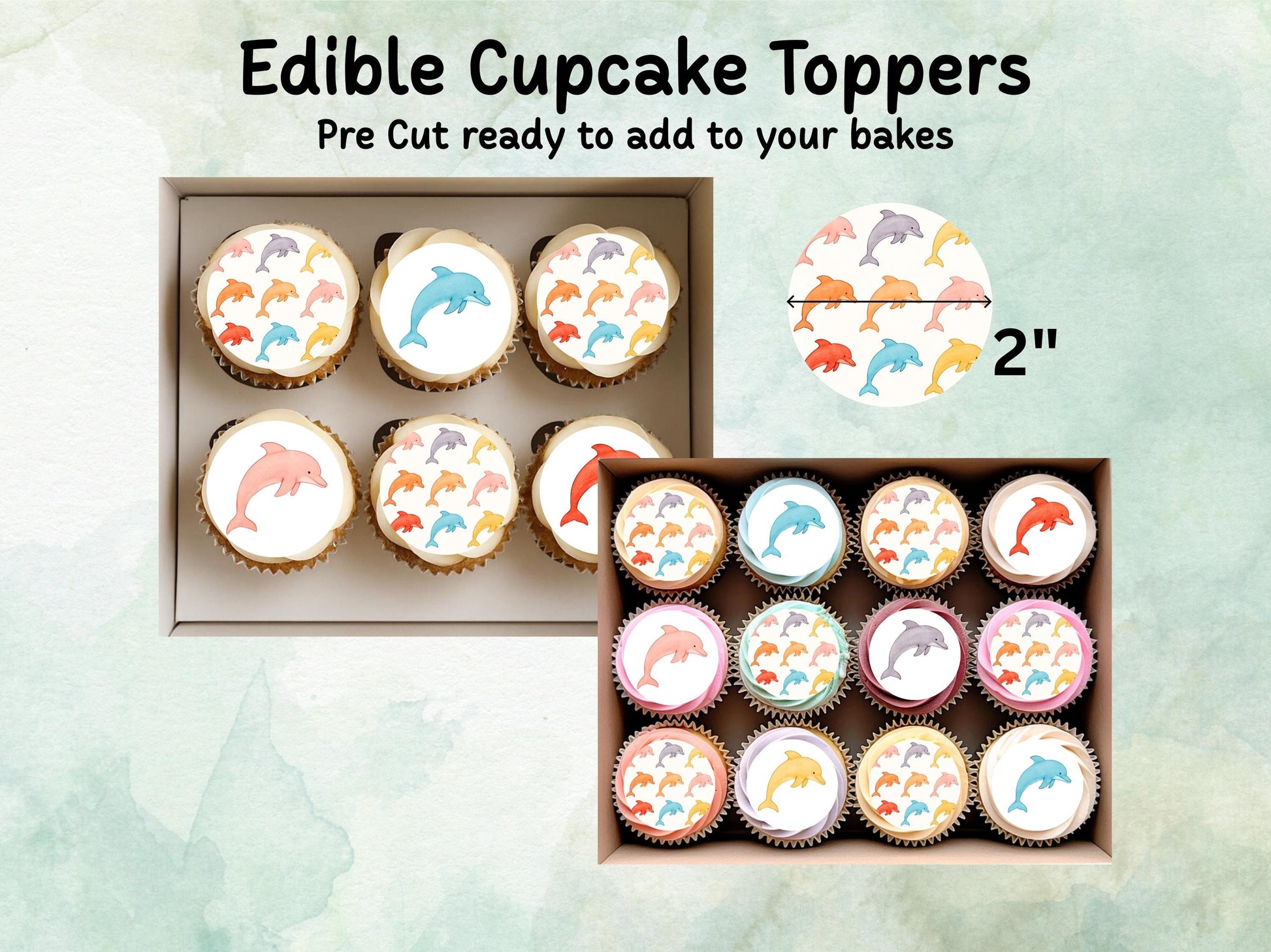 Dolphin Edible Cupcake Toppers 12 x 2"– Pre cut Wafer Paper, Card or Icing Sheet, Birthday, Cupcakes, Cookies, Cake, Dolphin Decoration