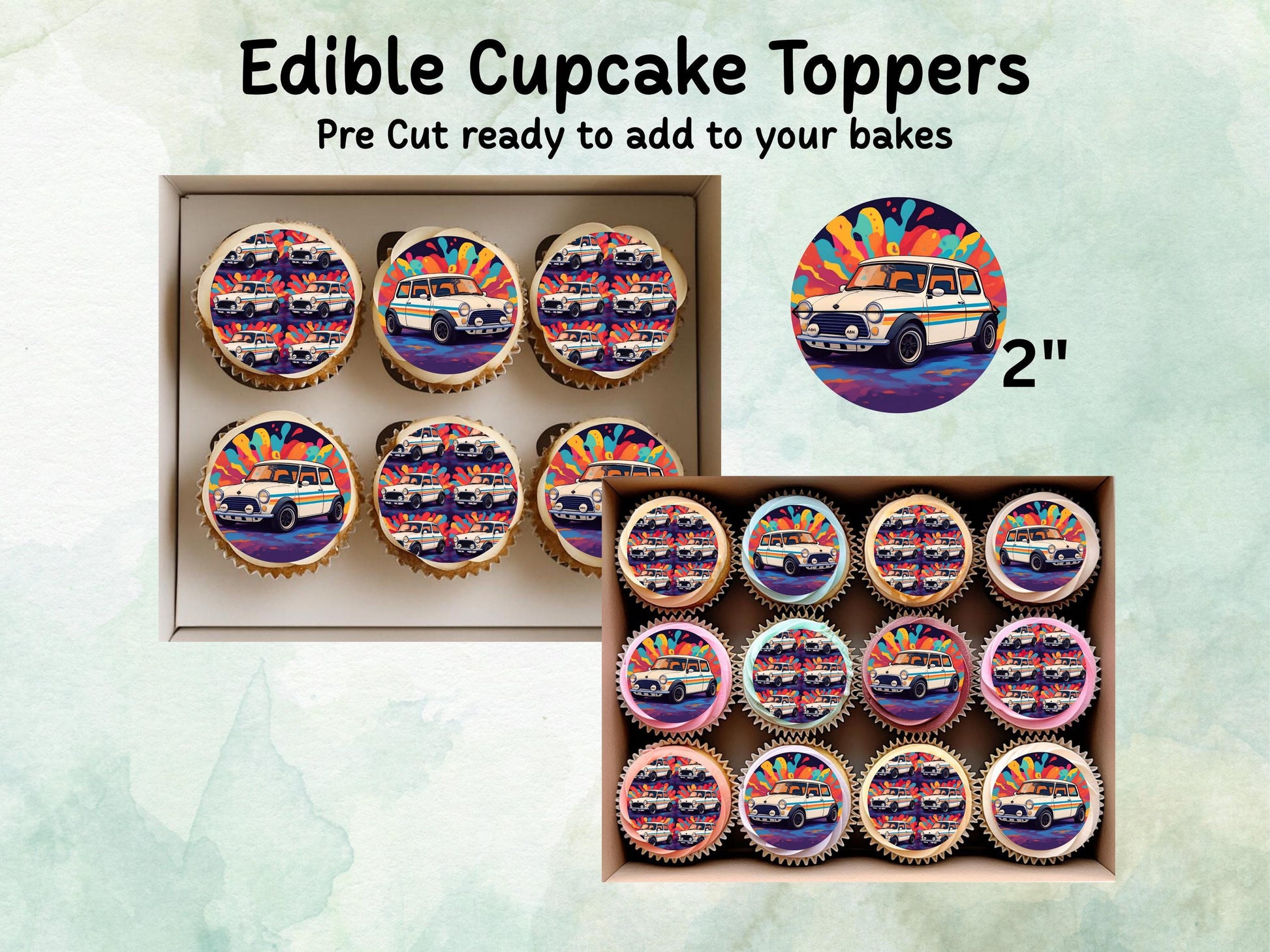Mini Cooper Edible Cupcake Toppers 12 x 2" – Pre cut Wafer Paper, Card or Icing Sheet, Cupcakes, Cookies, Cake, Birthday, Classic Cars