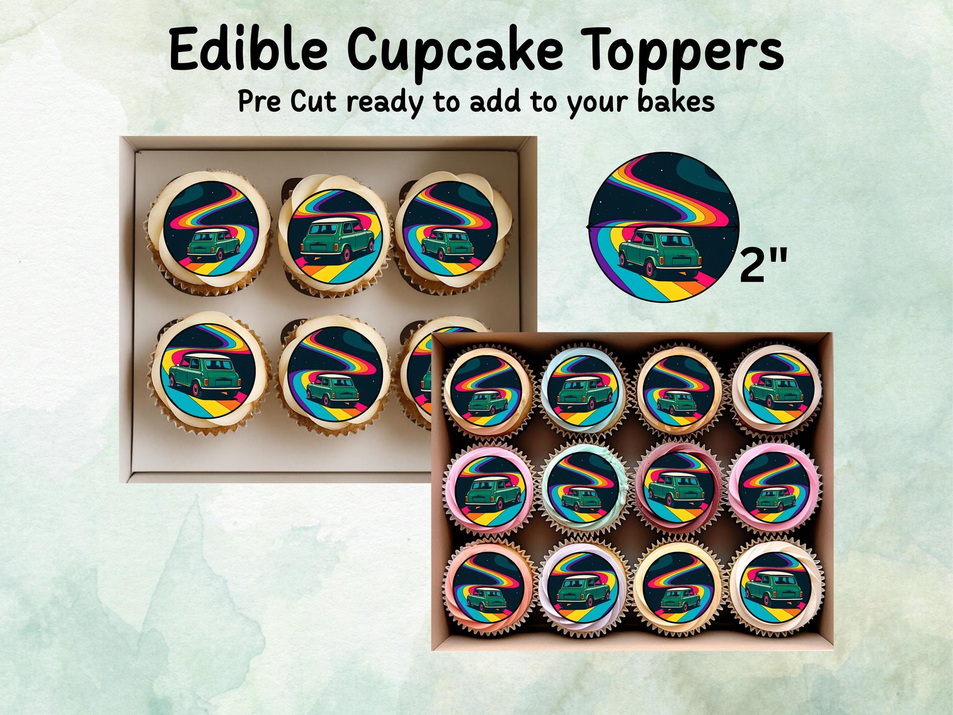Mini Cooper Edible Cupcake Toppers 12 x 2"– Pre cut Wafer Paper, Card or Icing Sheet, Retro Vintage Mini Cake Decoration
