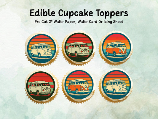 Campervan Edible Cupcake Toppers 12 x 2"– Pre cut Wafer Paper, Card or Icing Sheet, Campervan Cake Decoration