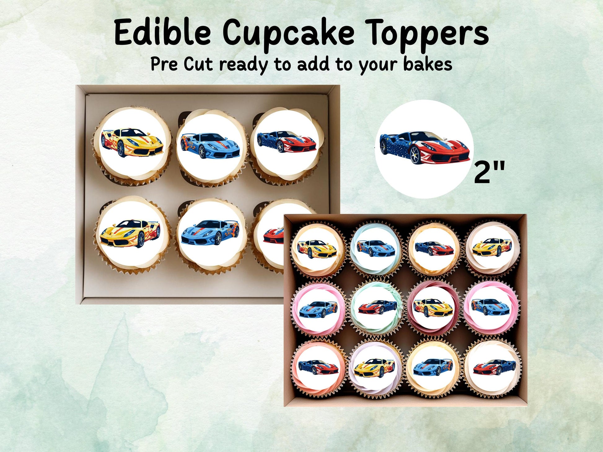 Sports Car Edible Cupcake Toppers 12 x 2" – Pre cut Wafer Paper, Card or Icing Sheet, Cupcakes, Cookies, Cake, Birthday, Cars