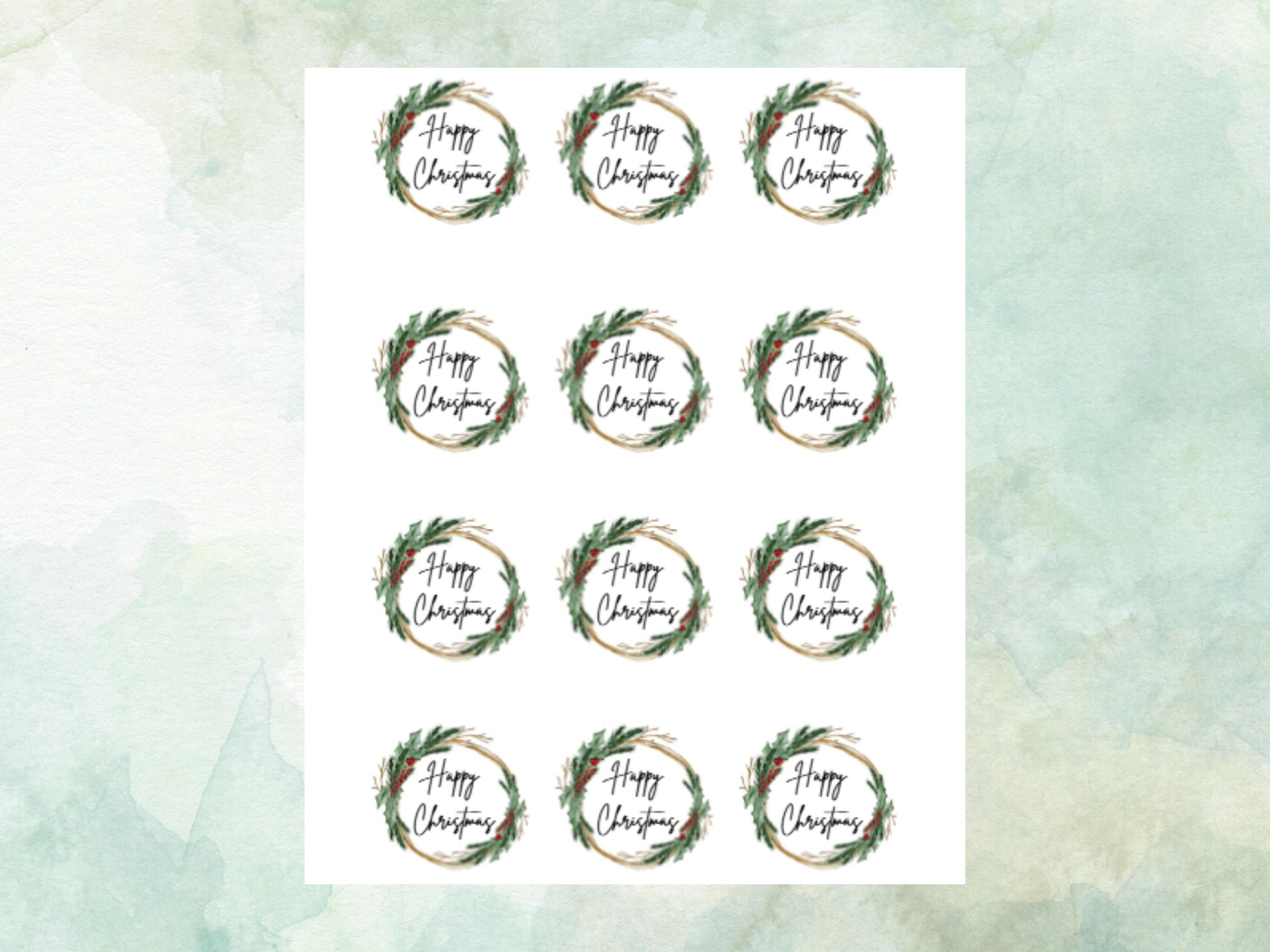 Christmas Edible Cupcake Toppers 12 x 2" – Pre cut Wafer Paper, Card or Icing Sheet, Happy Christmas Wreath Festive Cupcakes