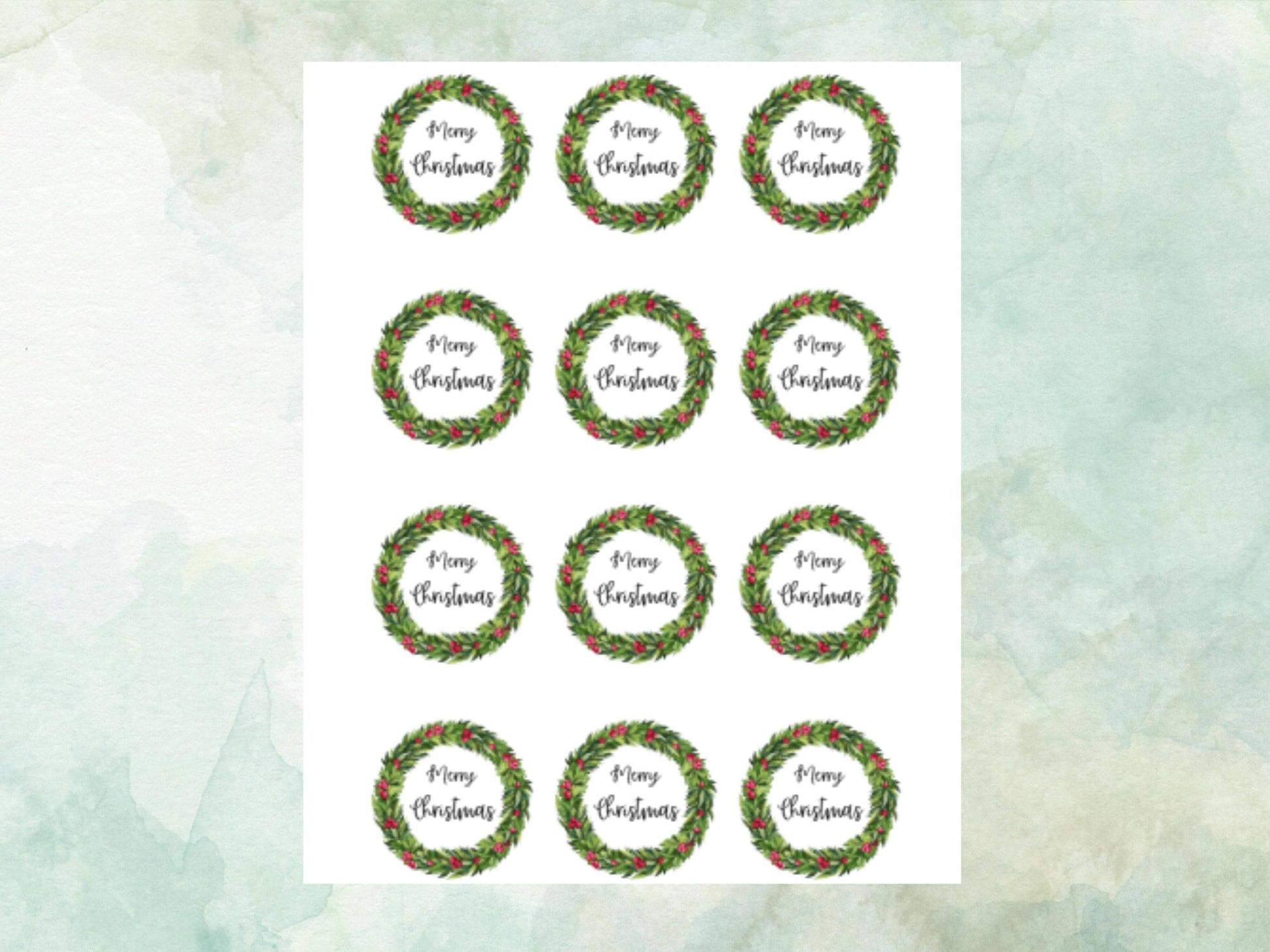 Christmas Edible Cupcake Toppers 12 x 2" – Pre cut Wafer Paper, Card or Icing Sheet, Merry Christmas Holly Wreath Festive Cupcakes