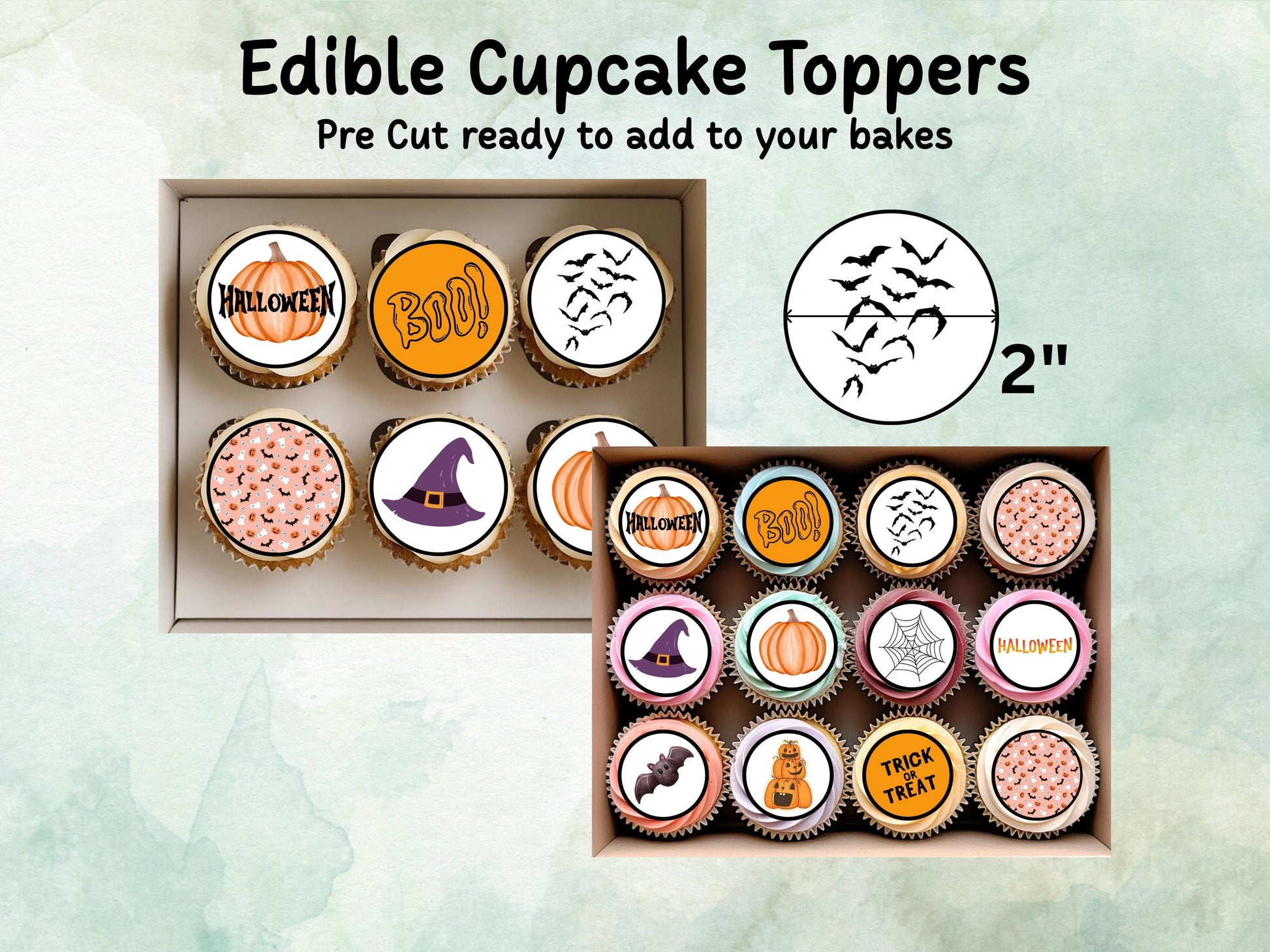 Halloween Edible Cupcake Toppers 12 x 2" – Pre cut Wafer Paper, Card or Icing Sheet, Witch, Pumpkin, Bat & BOO! Design Spooky Cakes