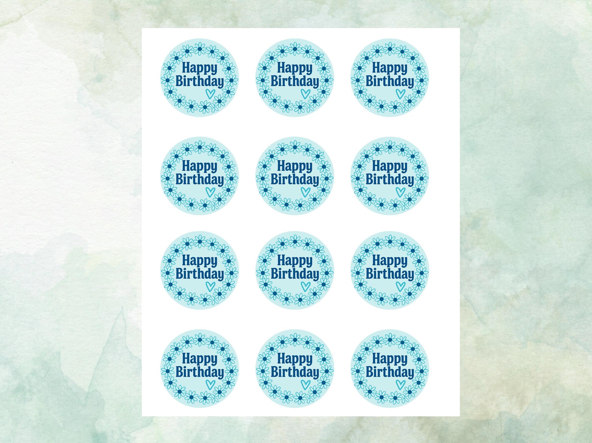 Happy Birthday Edible Cupcake Toppers 12 x 2"– Pre cut Wafer Paper, Card or Icing Sheet, Blue Floral Circle Cupcake Decoration