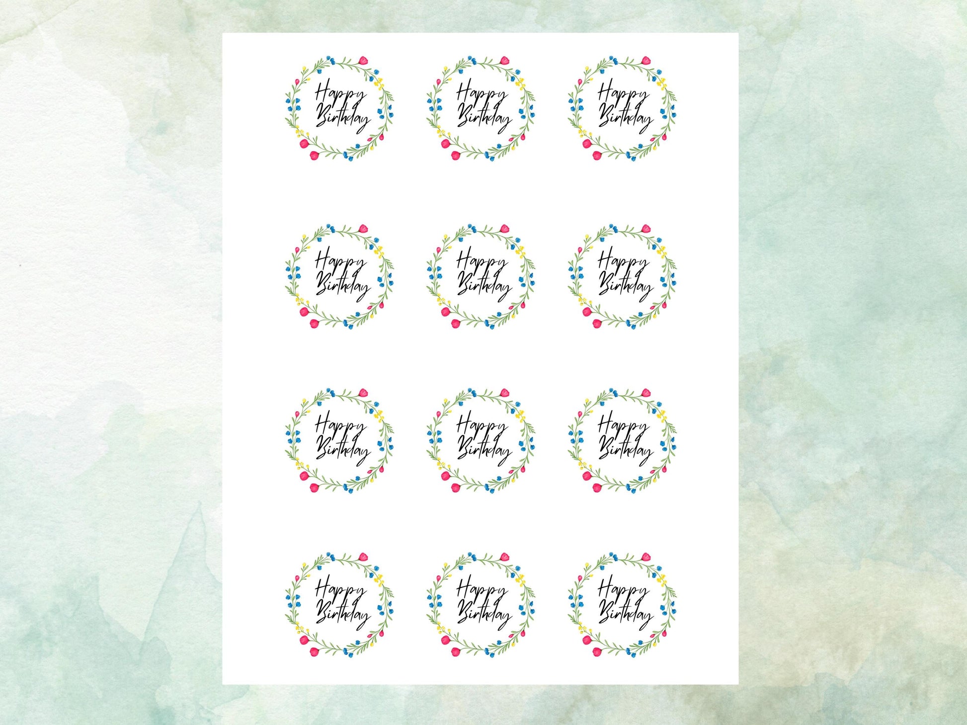 Happy Birthday Edible Cupcake Toppers 12 x 2"– Pre cut Wafer Paper, Card or Icing Sheet, Floral Birthday Cake Toppers