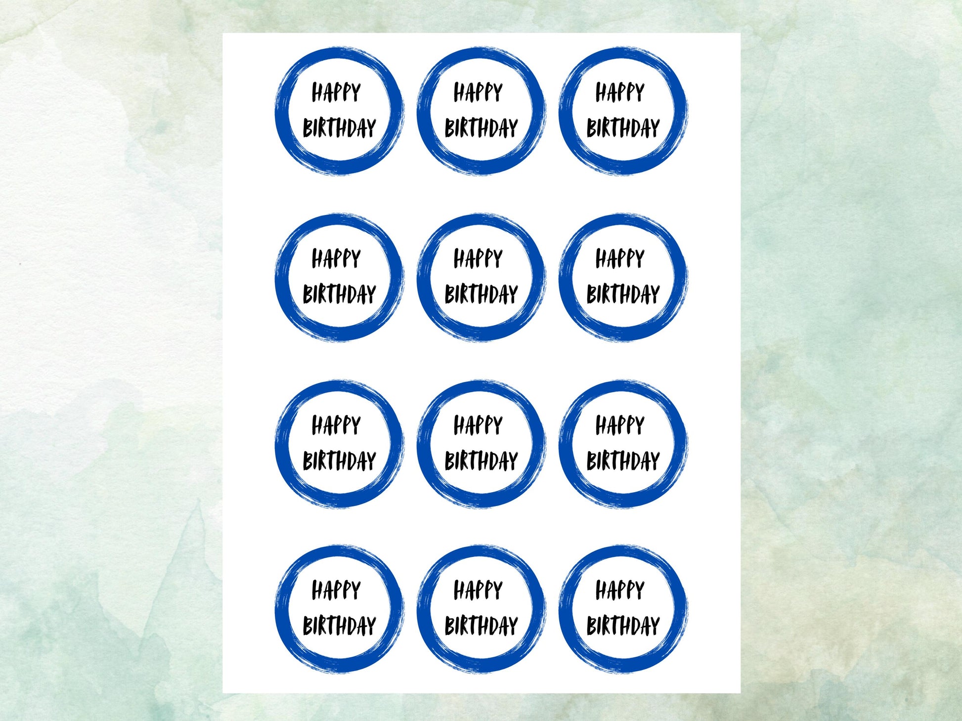 Happy Birthday Edible Cupcake Toppers 12 x 2"– Pre cut Wafer Paper, Card or Icing Sheet, Blue Circle Design Birthday Cake Toppers