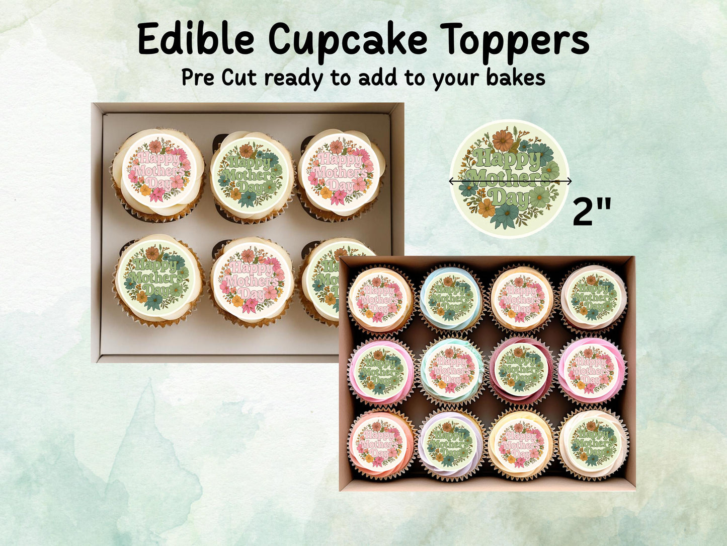 Happy Mother's Day Edible Cupcake Toppers 12 x 2" – Pre cut Wafer Paper, Card or Icing Sheet, Cookie Decoration